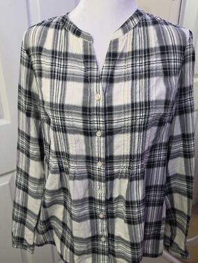 Talbots Silver Threaded Black and White Plaid Button-Down Top Size S